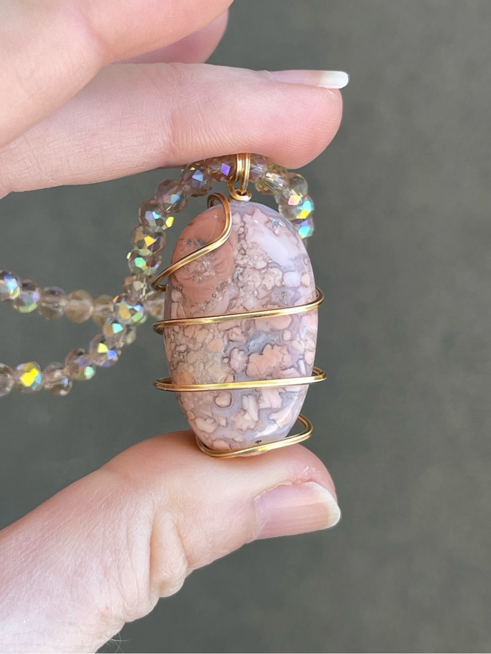 Cotton Candy Agate Gold Tone Wire Wrap on Champagne Glass Beads Pink & White - Picture 3 of 5